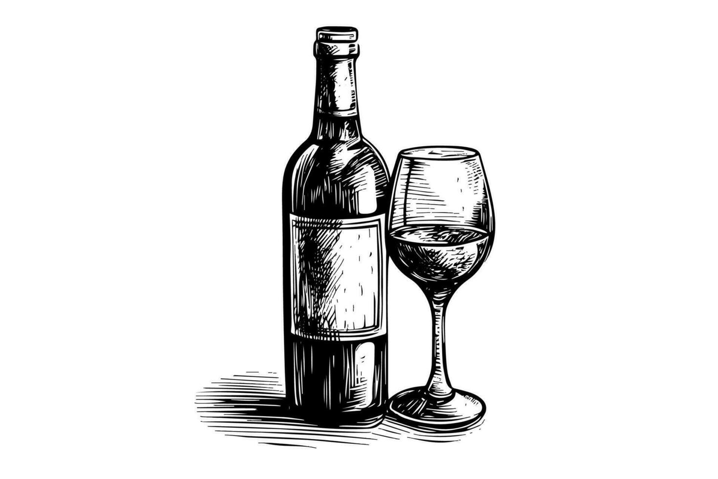 vinho garrafa e vidro. mão desenhado gravação esboço estilo vetor ilustrações.