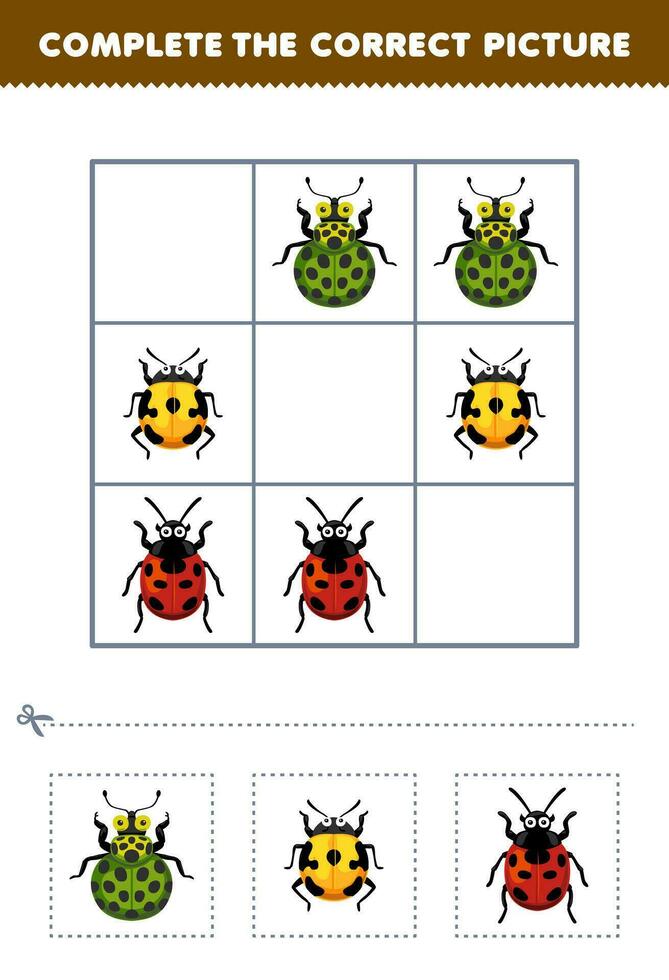 Educação jogos para crianças completo a corrigir cenário do uma fofa desenho animado joaninha imprimível erro planilha vetor