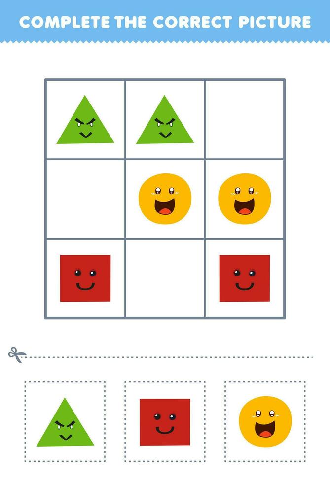 Educação jogos para crianças completo a corrigir cenário do uma fofa desenho animado triângulo quadrado e círculo imprimível forma planilha vetor