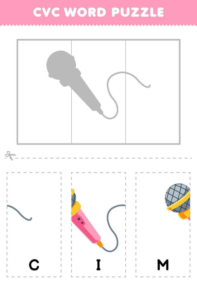 Educação jogos para crianças para aprender cvc palavra de completo a enigma do fofa desenho animado microfone cenário imprimível planilha vetor