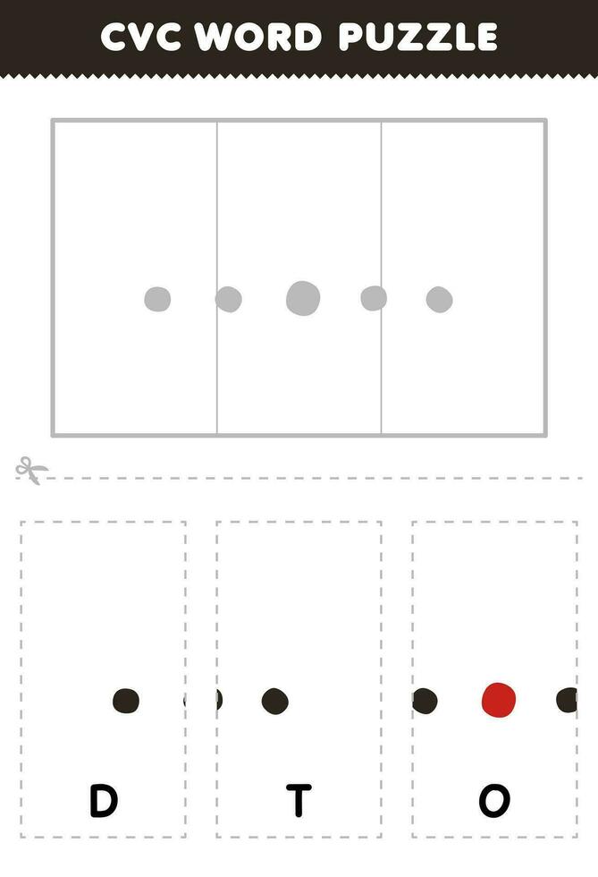 Educação jogos para crianças para aprender cvc palavra de completo a enigma do fofa desenho animado ponto cenário imprimível planilha vetor