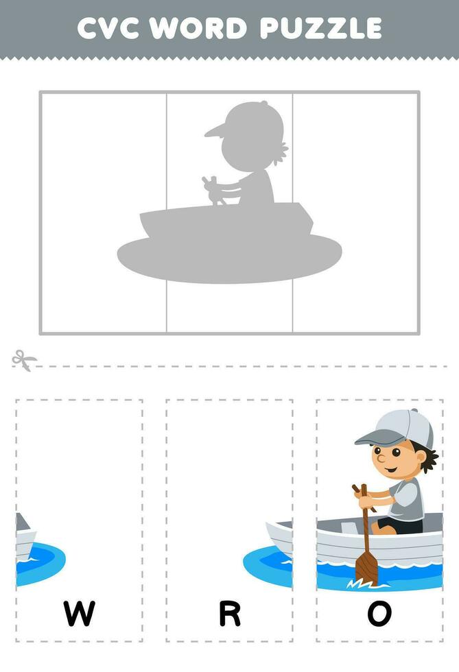 Educação jogos para crianças para aprender cvc palavra de completo a enigma do fofa desenho animado homem remo uma barco cenário imprimível planilha vetor