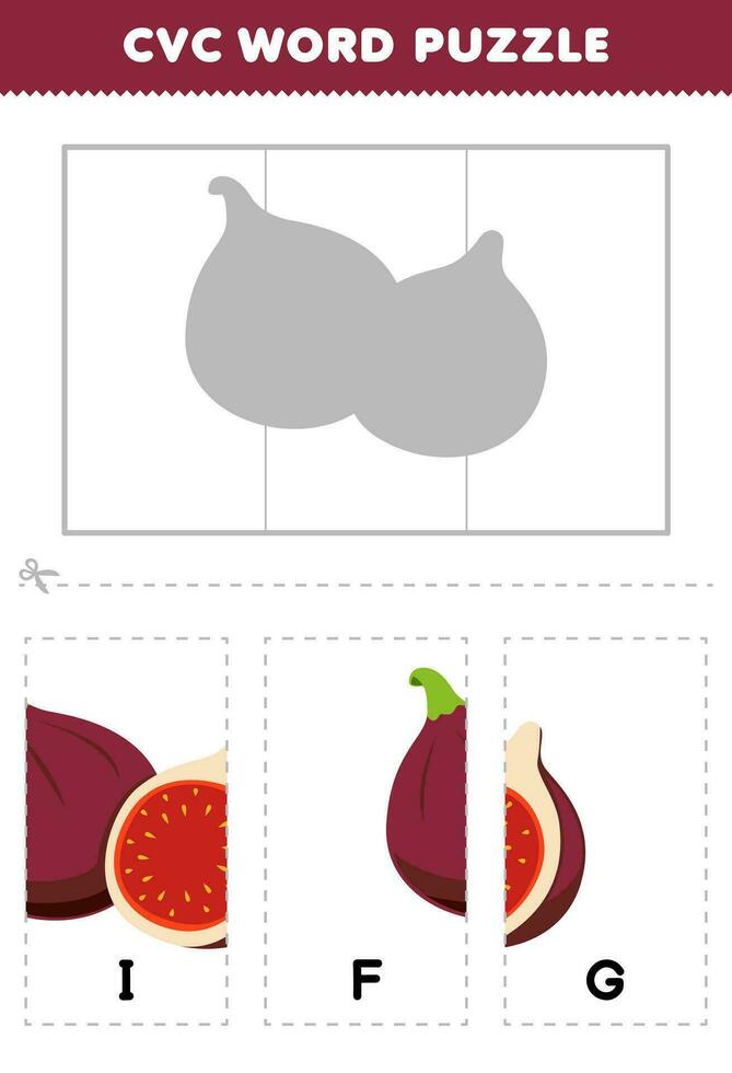 Educação jogos para crianças para aprender cvc palavra de completo a enigma do fofa desenho animado FIG cenário imprimível planilha vetor