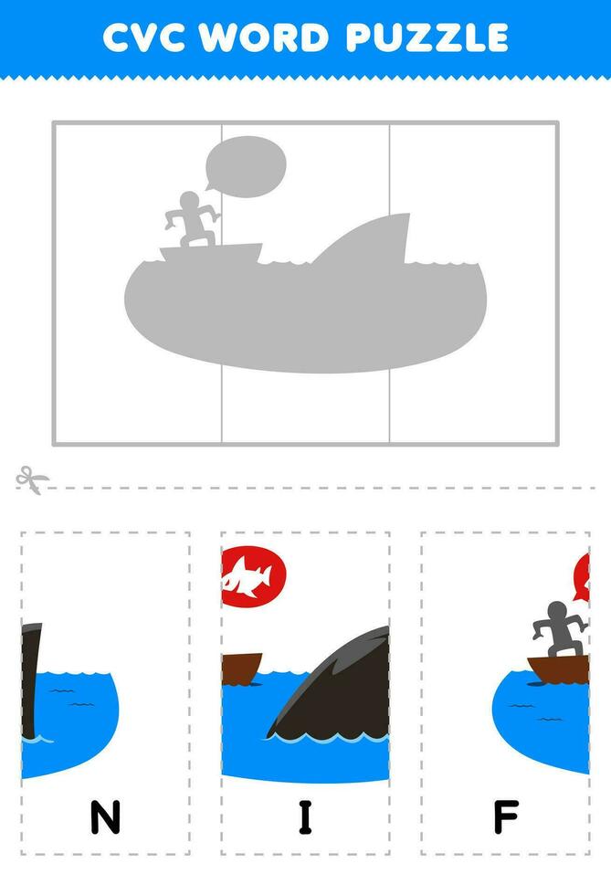 Educação jogos para crianças para aprender cvc palavra de completo a enigma do fofa desenho animado Tubarão barbatana cenário imprimível planilha vetor