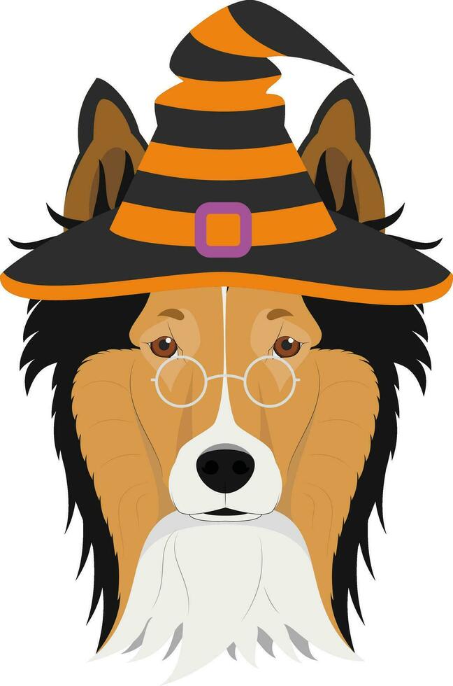 dia das Bruxas cumprimento cartão. collie rude vestido Como uma bruxa com óculos e Preto e laranja chapéu vetor