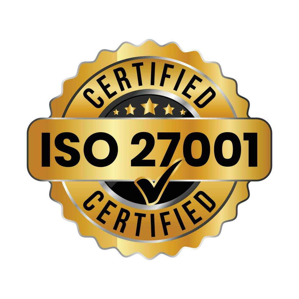 iso 27001 certificado crachá ou em formação segurança gestão sistema, iso 27001 vetor ícone, borracha carimbo, selo, rótulo, emblema, com Verifica marca, lustroso e dourado crachá vetor ilustração