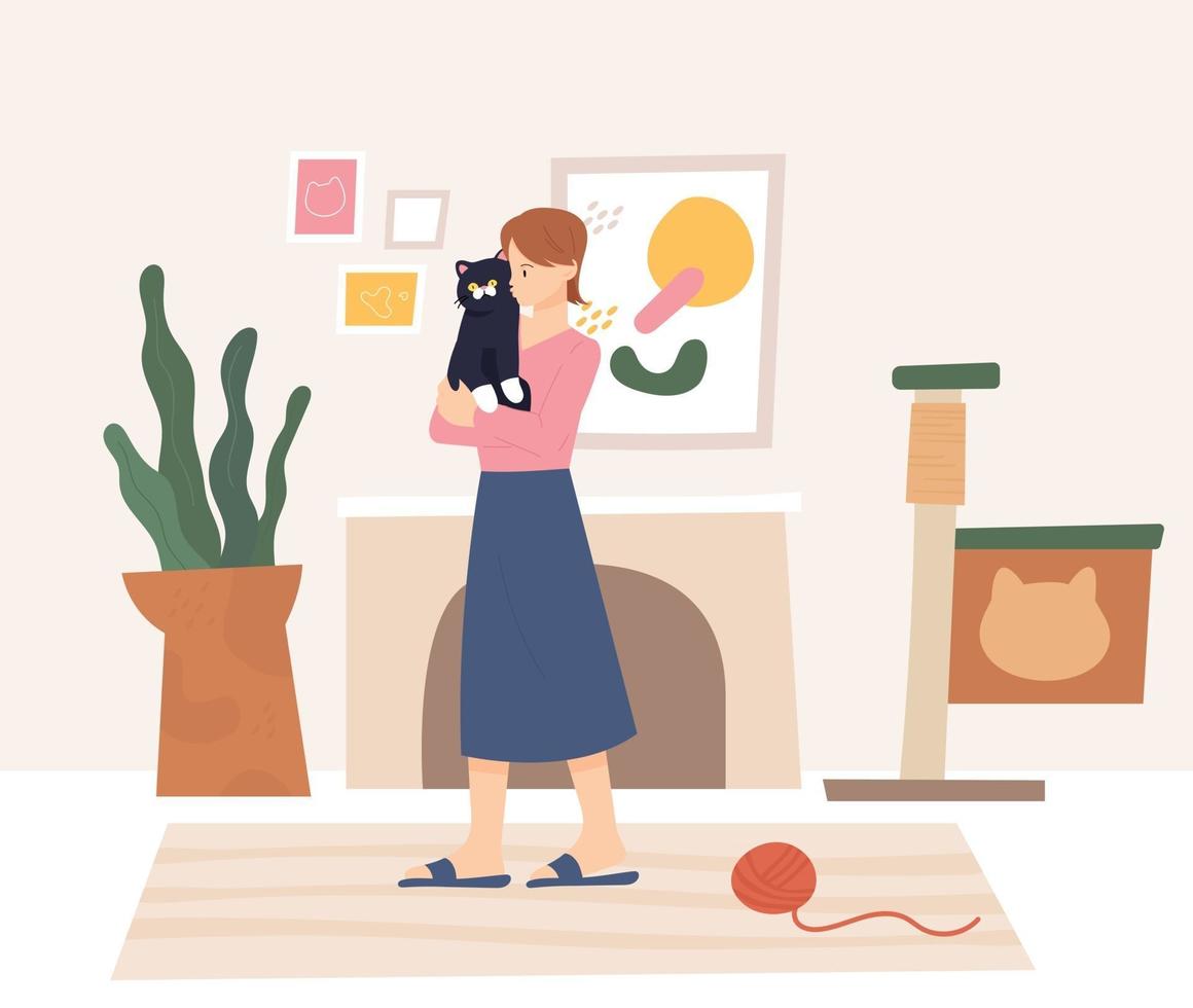 mulher segurando um gato e o fundo do interior de sua casa. ilustração em vetor mínimo estilo design plano.