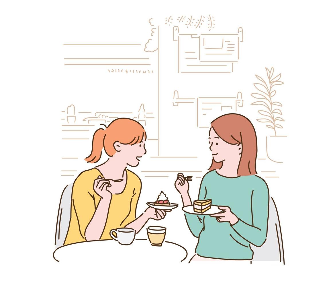 dois amigos estão conversando enquanto estão sentados em um café, comendo um pedaço de bolo. mão desenhada estilo ilustrações vetoriais. vetor