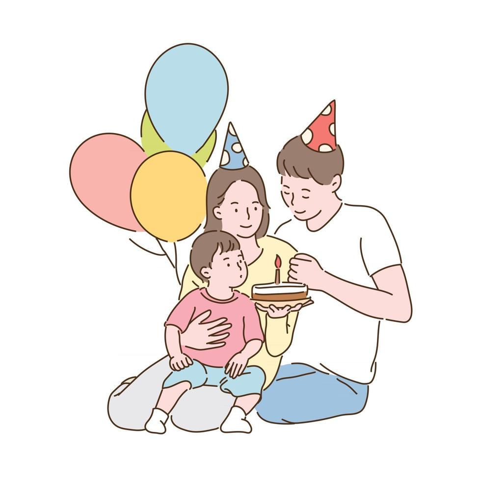 família feliz está dando uma festa de aniversário para seu filho pequeno. mão desenhada estilo ilustrações vetoriais. vetor