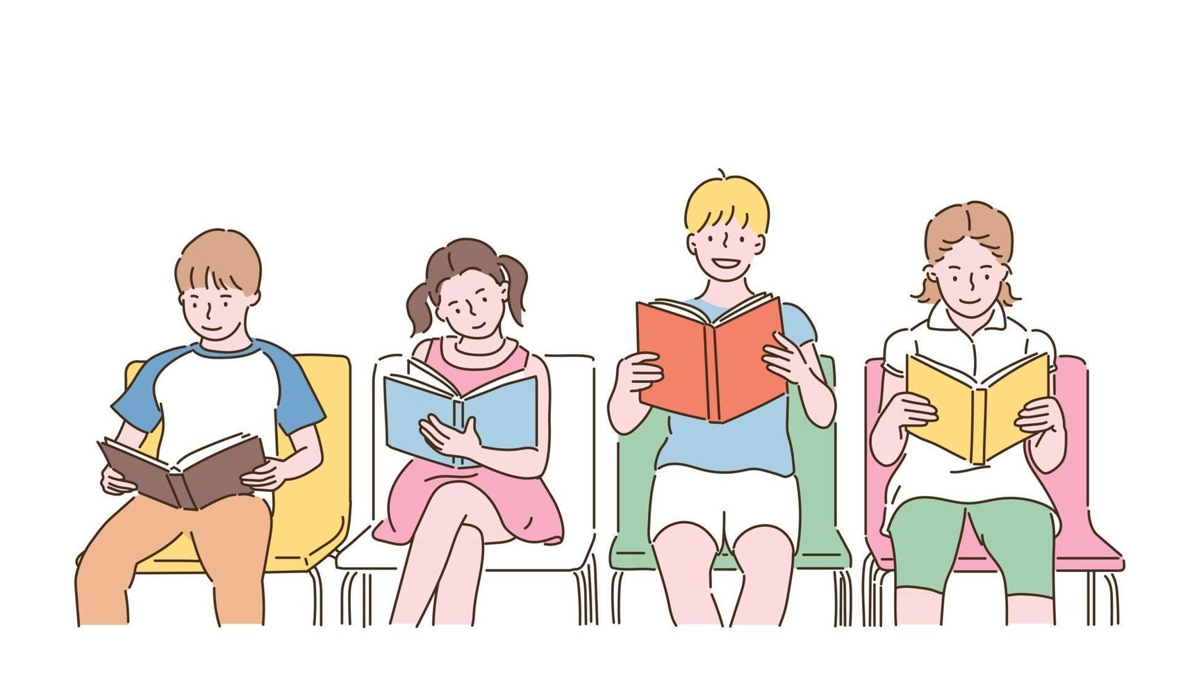 crianças fofas sentadas em cadeiras e lendo livros. mão desenhada estilo ilustrações vetoriais. vetor