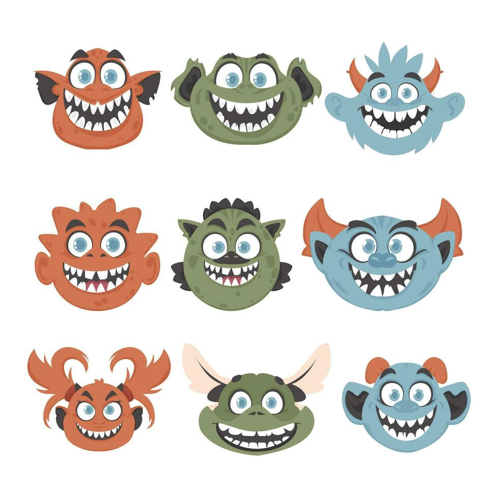 uma grupo do engraçado e divertido monstro rostos. desenho animado estilo. vetor