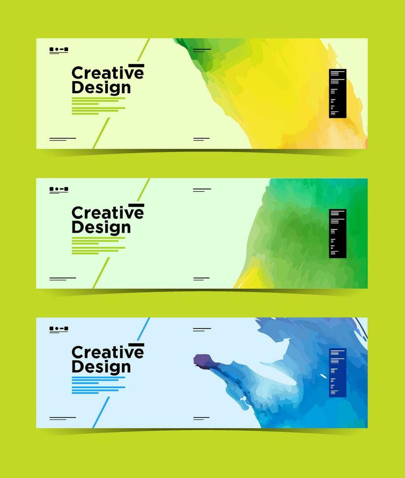três colorida e aguarela faixas com a palavras criativo Projeto vetor