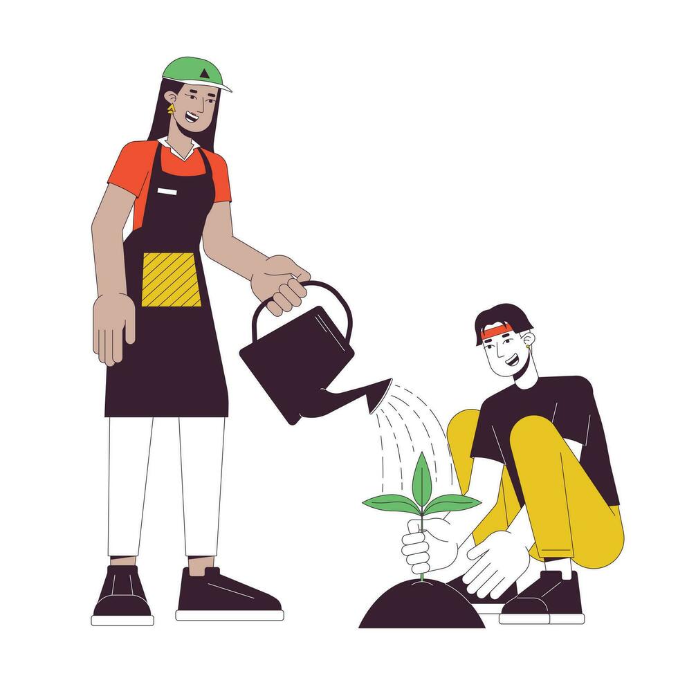 comunidade jardim plano linha conceito vetor local ilustração. mulher rega plantar. jardineiros 2d desenho animado esboço personagens em branco para rede ui Projeto. editável isolado cor herói imagem