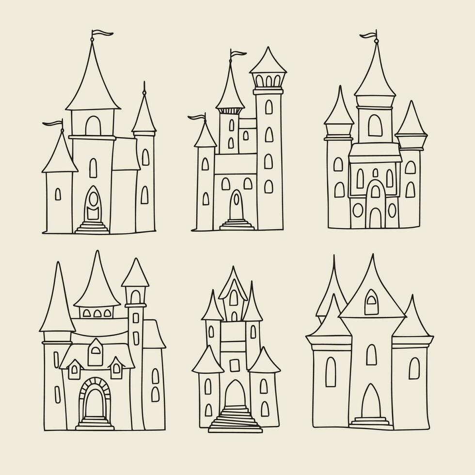 conjunto do castelos contorno. rabisco castelo isolado em branco fundo. vetor ilustração.