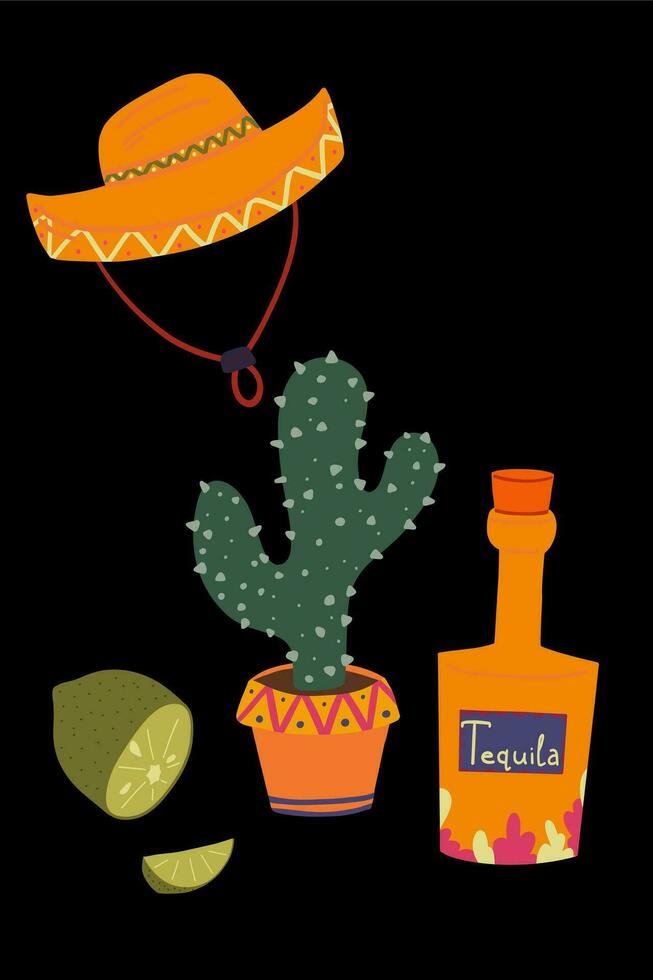 cacto tequila mão desenhado mexicano conjunto vetor