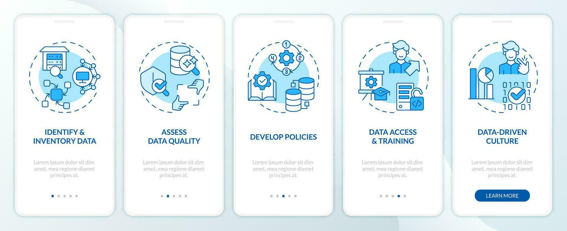 2d azul linear ícones representando dados democratização Móvel aplicativo tela definir. 5 passos gráfico instruções, interface do usuário, ux, gui modelo. vetor