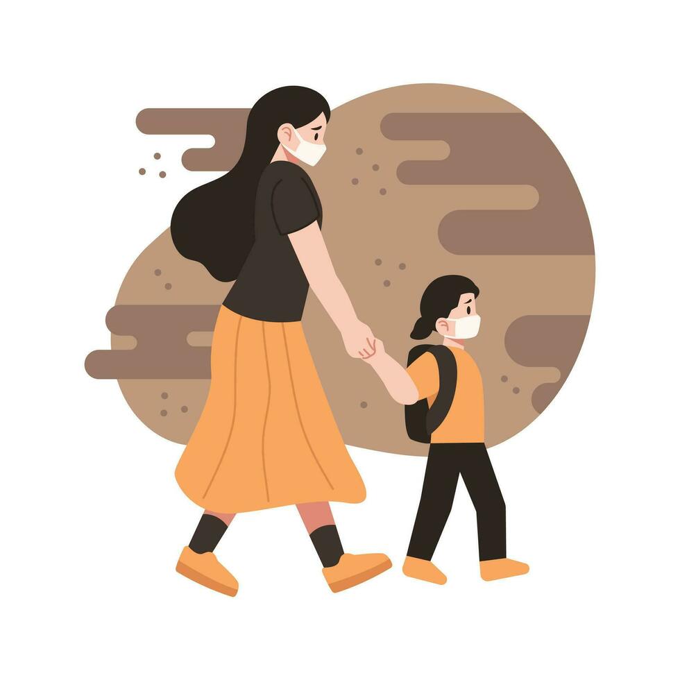 mãe e criança caminhando através poeira poluição vetor ilustração