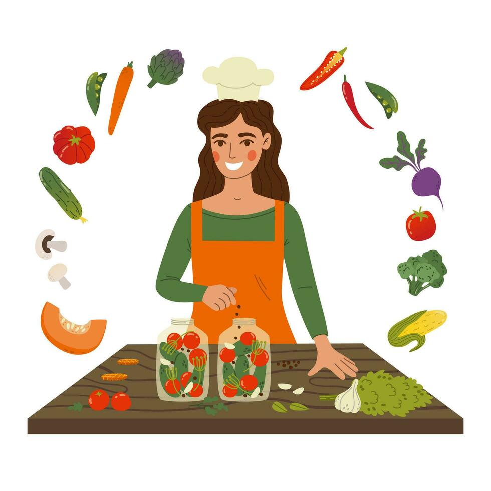 mulher enlatar caseiro legumes dentro vidro frascos em madeira mesa. marinado Comida processo. tomates, pepinos, brócolis, abóbora, cenouras, Pimenta. conceito do caseiro picles. plano vetor ilustração.