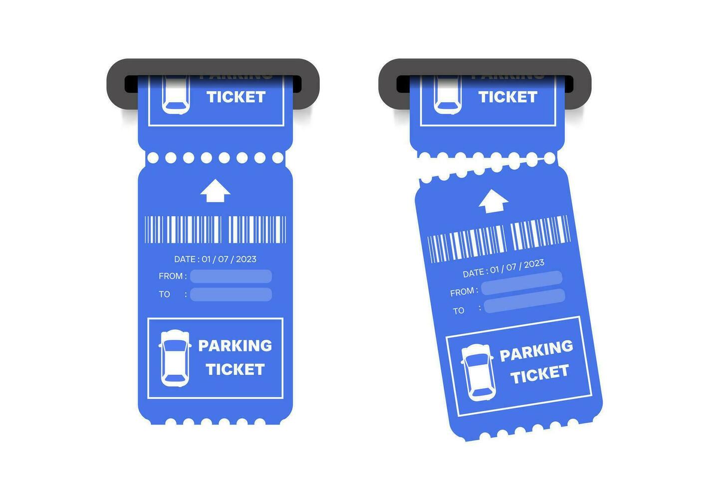 conjunto do realista ilustrações do estacionamento bilhetes chegando Fora do estacionamento máquinas. estacionamento bilhete papel lágrima vetor