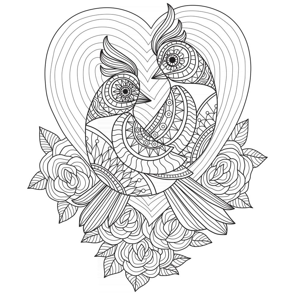 Casal de pássaros desenhados à mão para livro de colorir adulto vetor