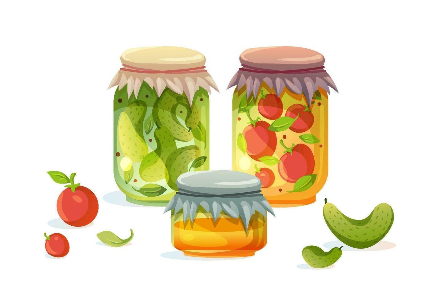 vidro frascos com preservado Comida poster isolado em brilhante pano de fundo, vetor ilustração do enlatado vegetais, saudável refeição definir. colheita.