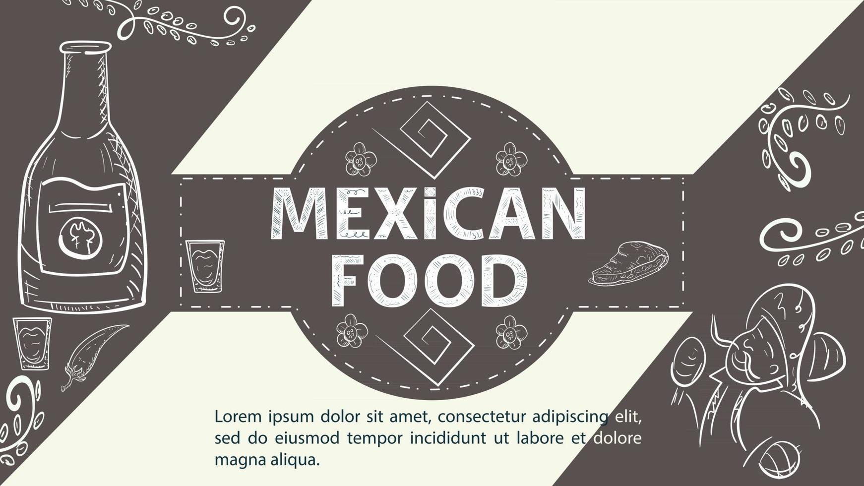 esboço de ilustração para o desenho no centro do círculo a inscrição comida mexicana um homem mexicano com maracas e uma garrafa de tequila em um fundo de café vetor
