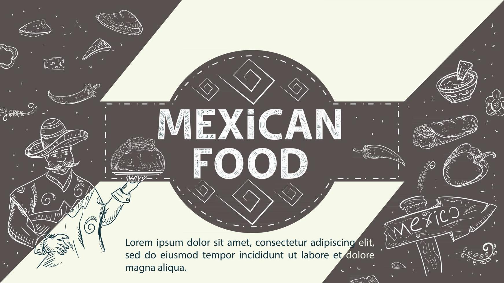 esboço de ilustração para o desenho no centro do círculo a inscrição comida mexicana mexicana b segura uma bandeja com uma placa de tortilla taco vetor