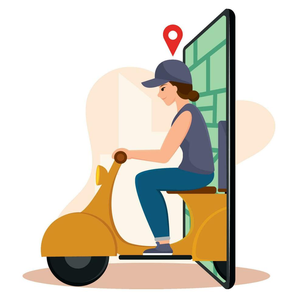 Smartphone com uma Entrega menina em motocicleta vetor