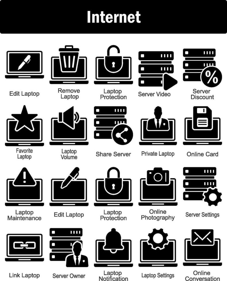 uma conjunto do 20 Internet ícones Como editar computador portátil, retirar computador portátil, computador portátil proteção vetor