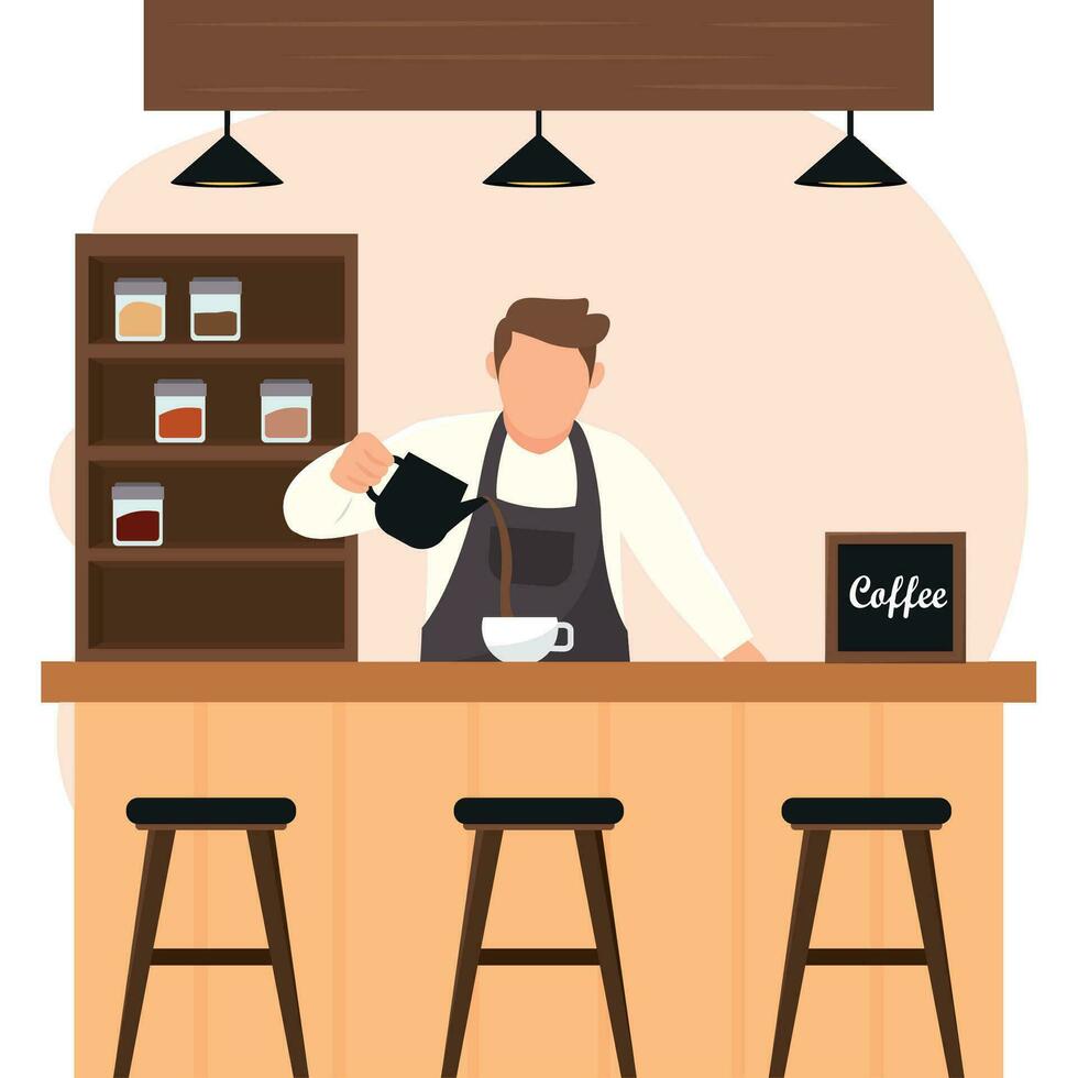 colori café fazer compras Lugar, colocar com uma barman personagem vetor