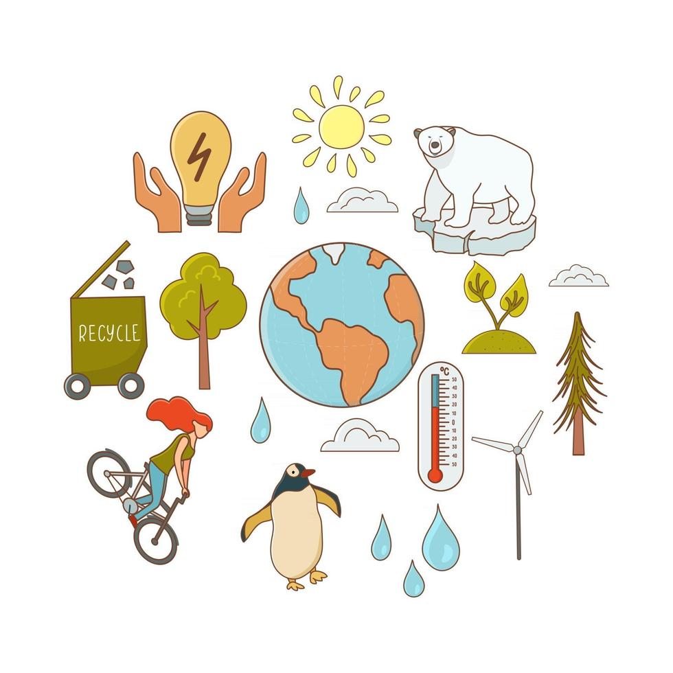 conjunto de ícones do aquecimento global isolado no fundo branco. ícones de animais árticos, termômetro, moinho de vento, sol, reciclagem, alimento ecológico, economizar energia, ciclismo. ilustração vetorial vetor