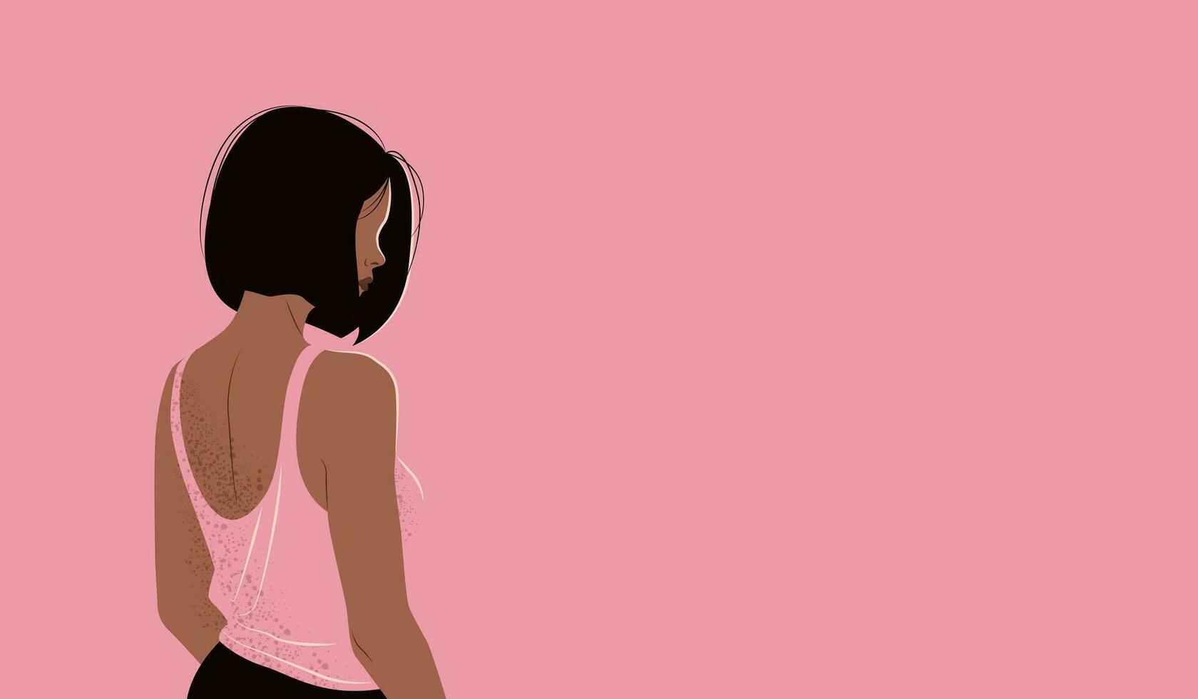 jovem africano americano mulher com curto Preto em linha reta cabelo dentro Rosa topo tanque. isolado Preto Forte menina em pé costas em Rosa fundo com esvaziar espaço. vetor ilustração