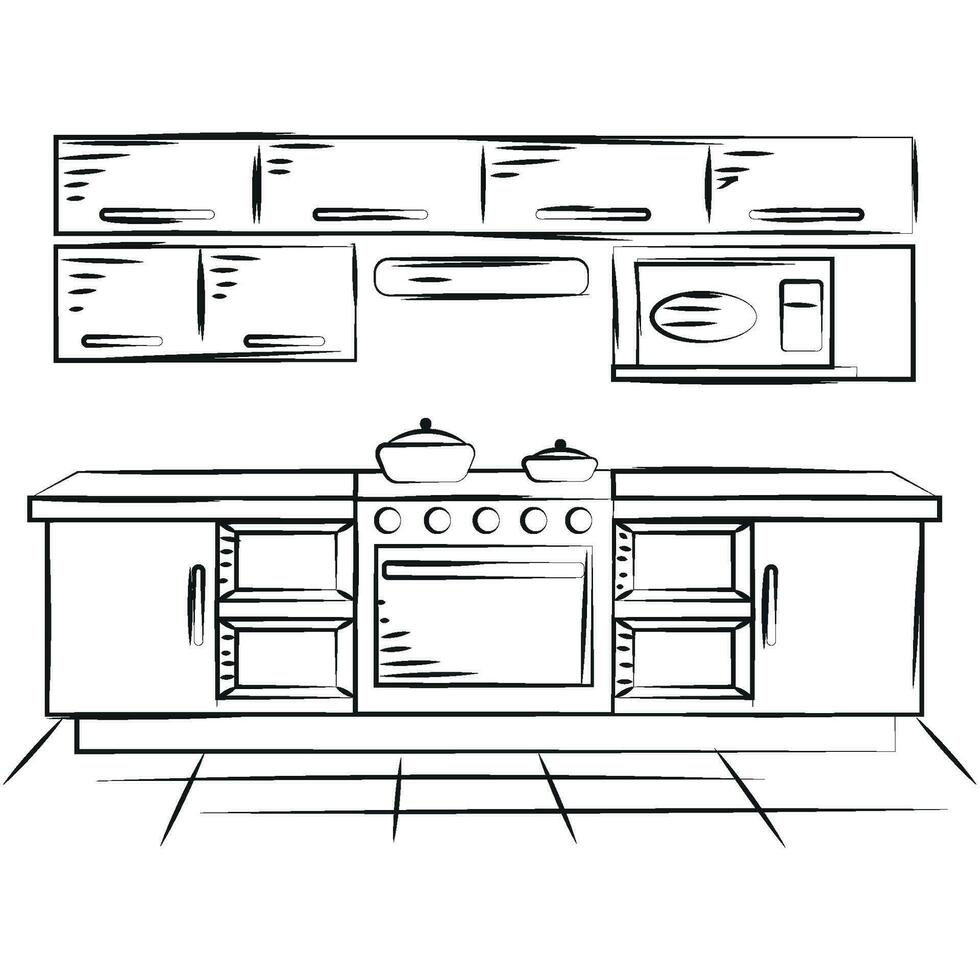 esboço do a interior cozinha Projeto com uma fogão vetor