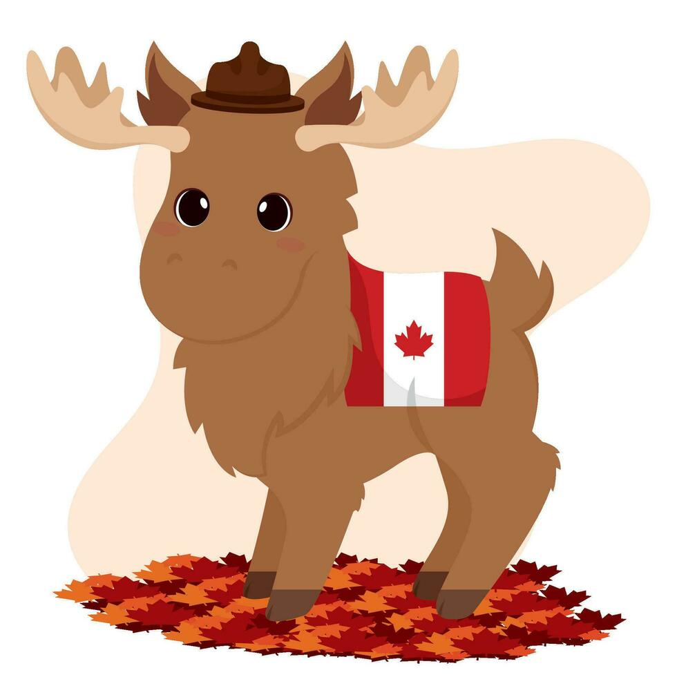 fofa alce animal com floresta guarda chapéu e uma bandeira do Canadá vetor