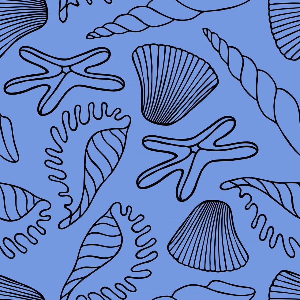 padrão sem emenda com conchas exóticas e estrelas do mar em um fundo azul em vetor