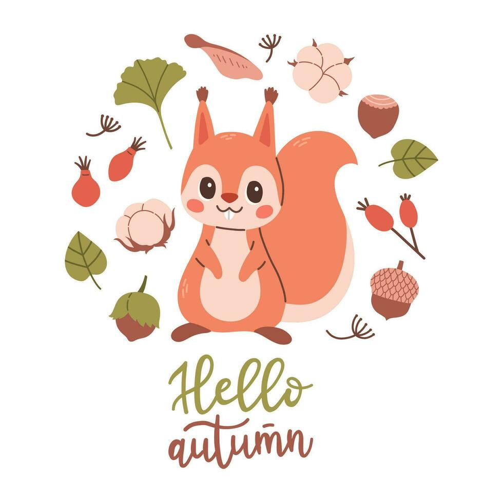 Olá outono cartão postal com esquilo. bosque cartão com folhas e fofa floresta animal em branco fundo. vetor ilustração