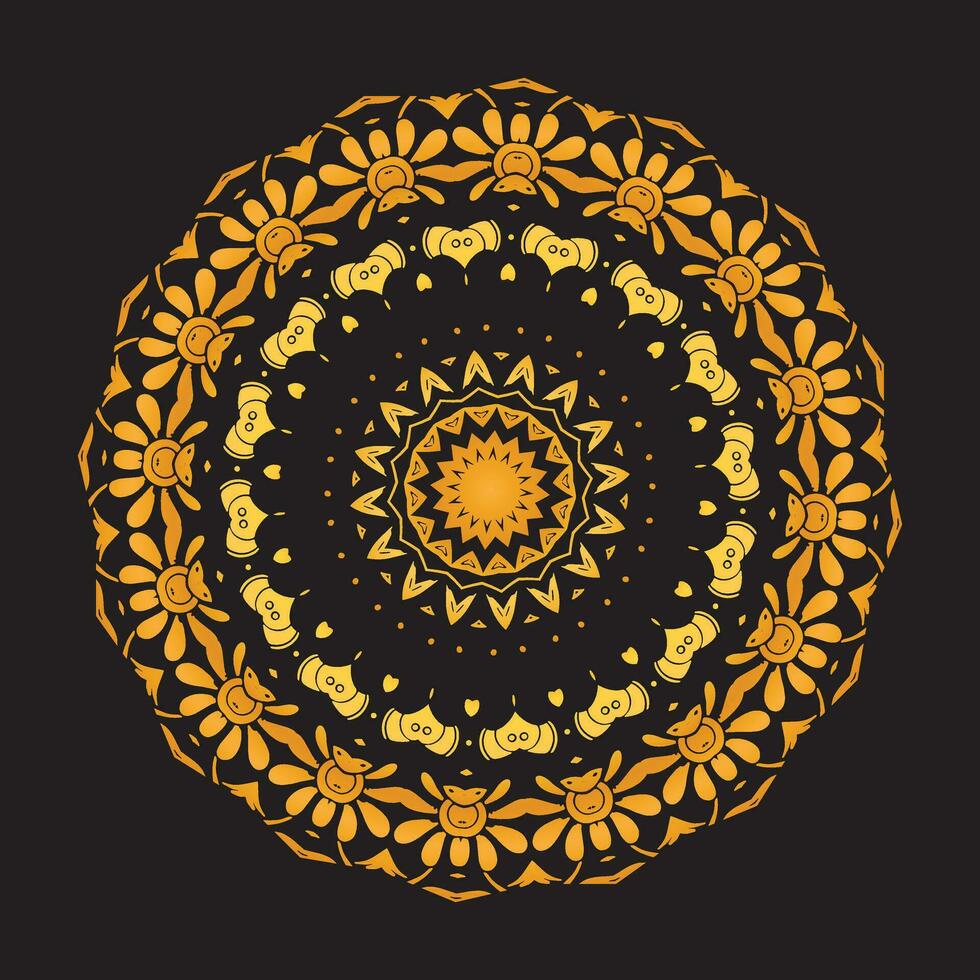 luxo ornamental mandala Projeto fundo dentro ouro, luxo Casamento convite, ornamental floral canto quadro, Preto fundo com ouro mandala decoração vetor