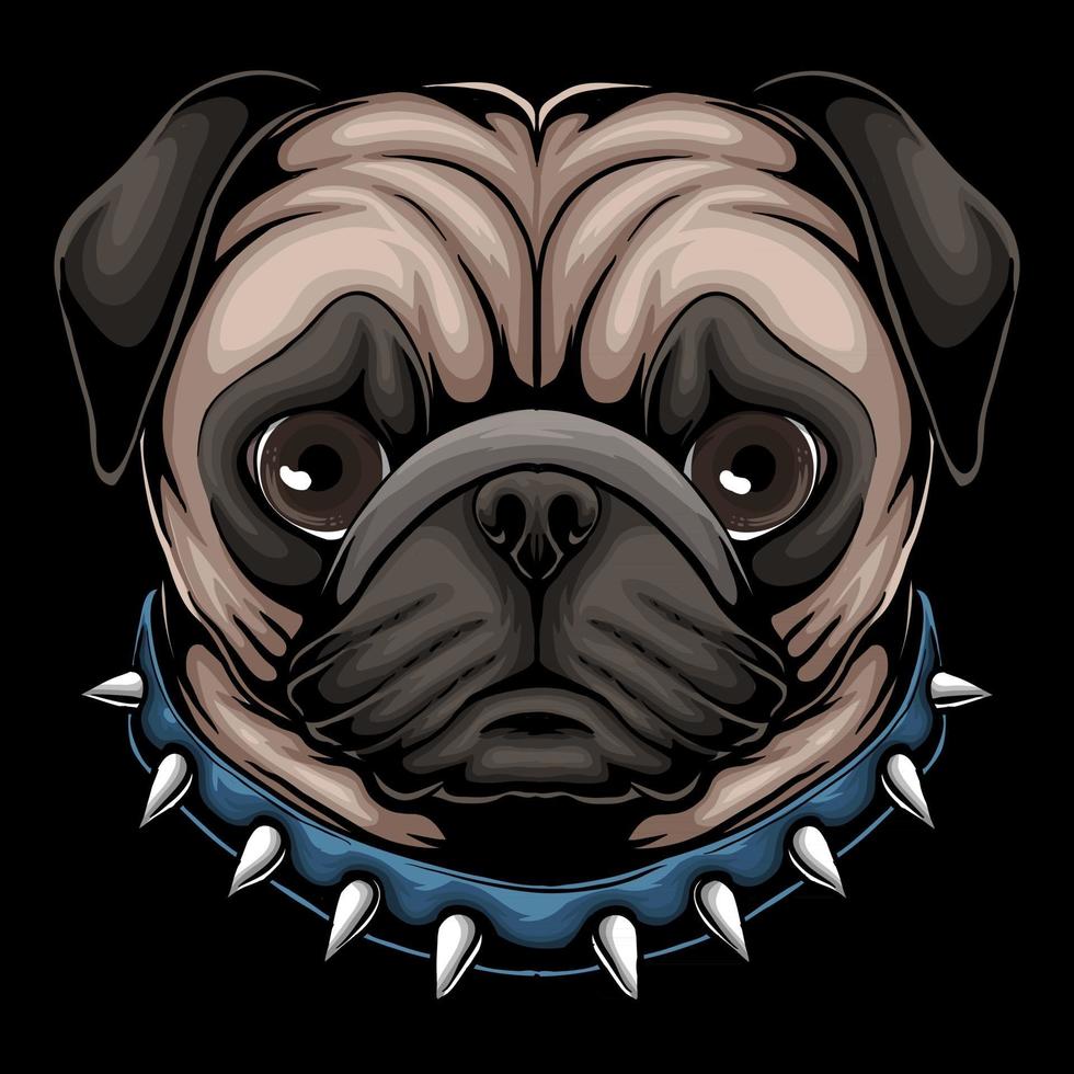ilustração vetorial de cabeça de cachorro pug usando coleira vetor