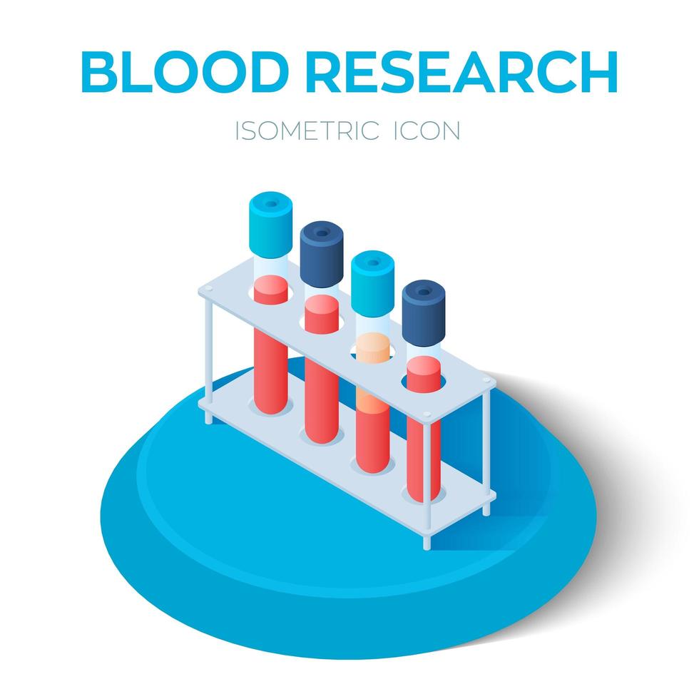 ícone isométrico de amostras de sangue. pesquisa de sangue. tubos a vácuo para coleta de amostras de sangue no laboratório. equipamento médico. vetor