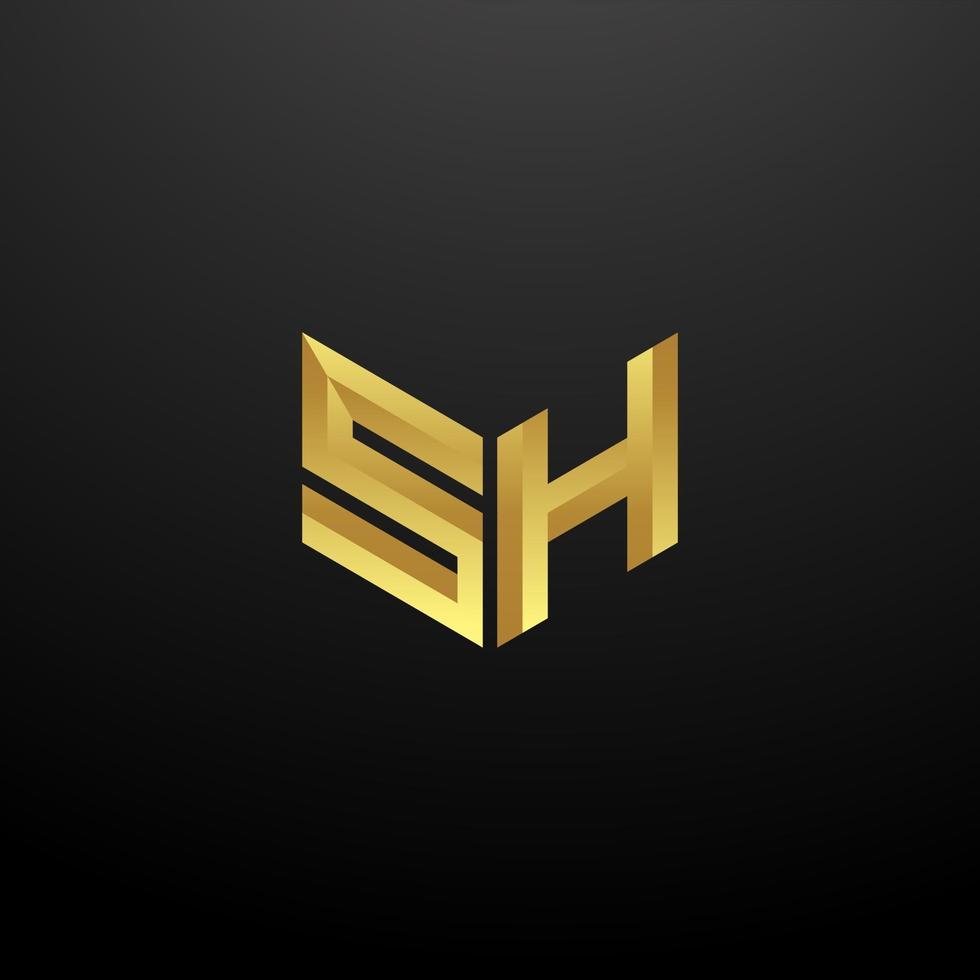 Modelo de design das iniciais das letras do monograma do logotipo sh com textura 3d dourada vetor