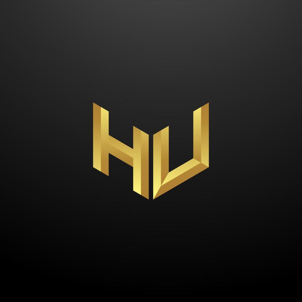 Modelo de design das iniciais das letras do logotipo do hu com textura 3d dourada vetor