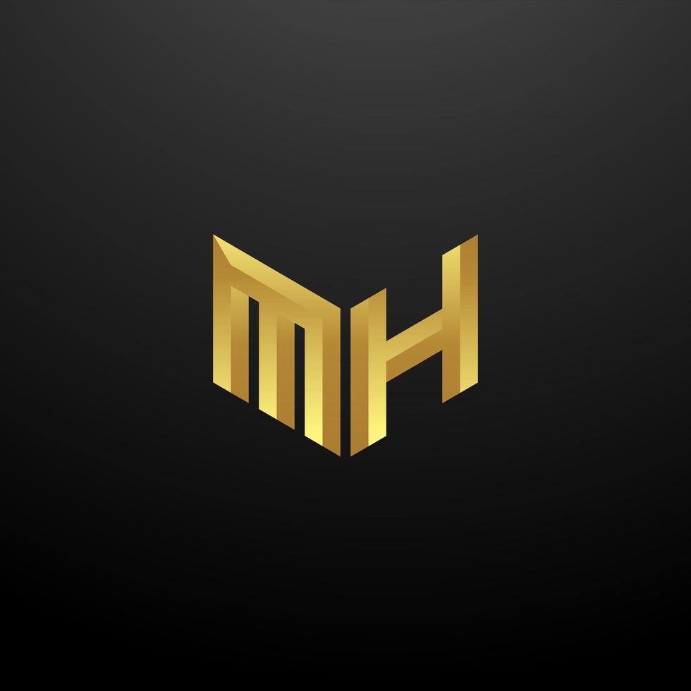 Modelo de design das iniciais da letra do monograma do logotipo mh com textura 3d dourada vetor