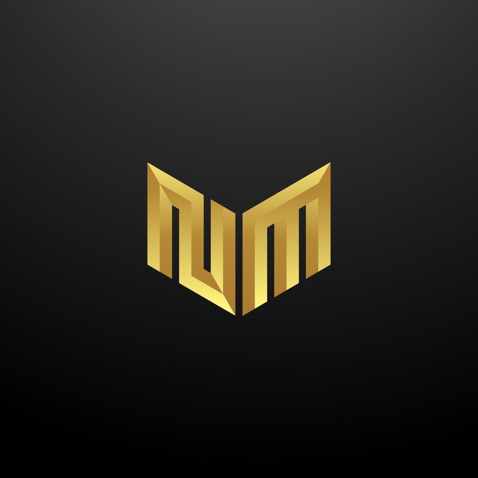 Modelo de design das iniciais das letras do monograma do logotipo nm com textura 3d dourada vetor