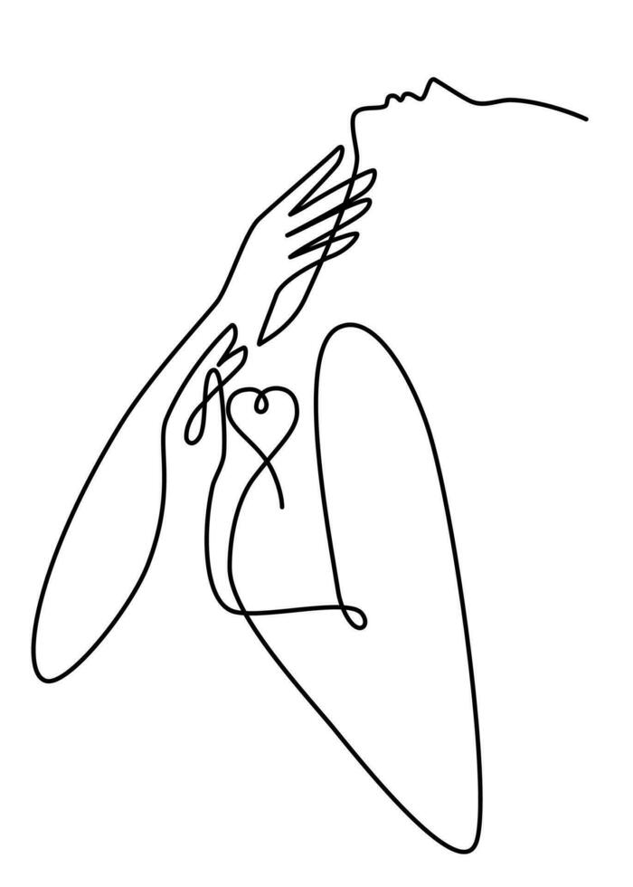1 contínuo linha desenhando do fêmea silhueta com uma coração. conceito do amor para você mesmo e seu corpo. editável AVC. rabisco vetor ilustração