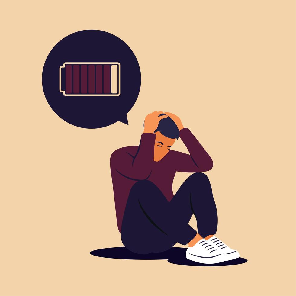 síndrome de burnout profissional. ilustração homem cansado e frustrado. Problemas de saúde mental. ilustração do vetor no apartamento.