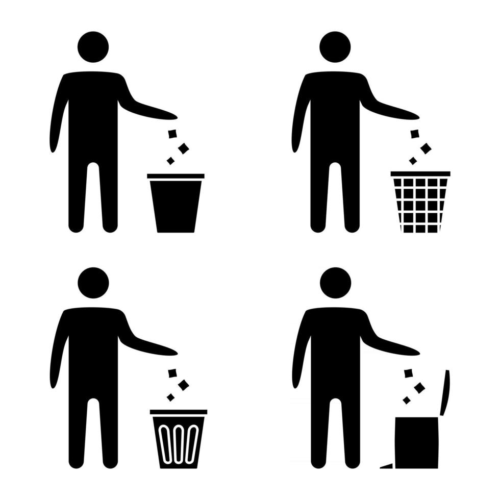 símbolo de lixo. ícone de lixo. ícone descartável. símbolo de homem arrumado, não desarrume, ícone, mantenha limpo. homem joga o lixo na lixeira. ícone de vetor de lixo, símbolo de reutilização. vetor