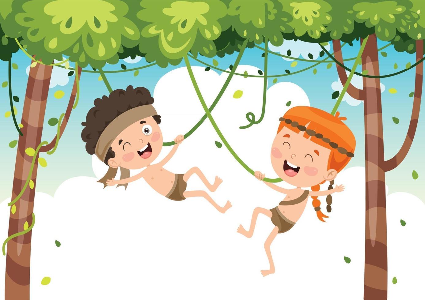 crianças felizes balançando com corda de raiz na selva vetor