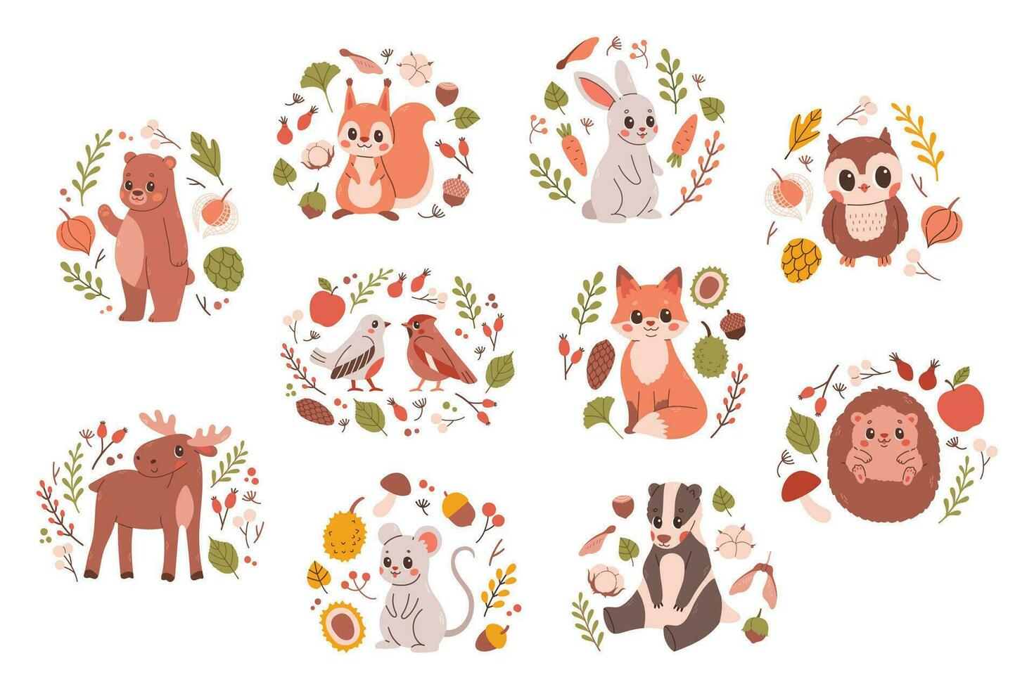 bosque animais definir. fofa Raposa, urso, alce, Coelho e pássaros. perfeito para scrapbooking, cartões, poster, marcação, adesivo kit. mão desenhado vetor ilustração.