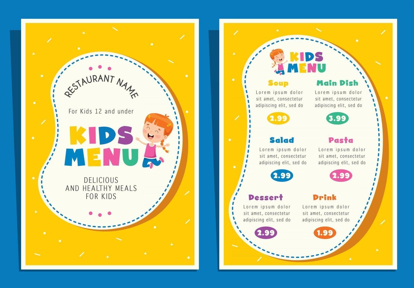 modelo de menu de refeição infantil colorido fofo vetor