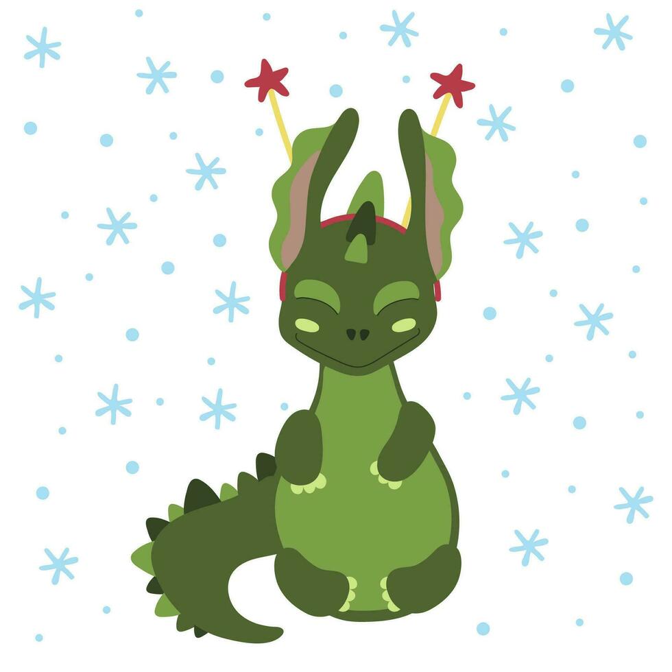 verde Dragão símbolo do 2024 dentro uma círculo com estrelas debaixo a neve. feriado cartão postal. chinês Novo ano, Natal vetor
